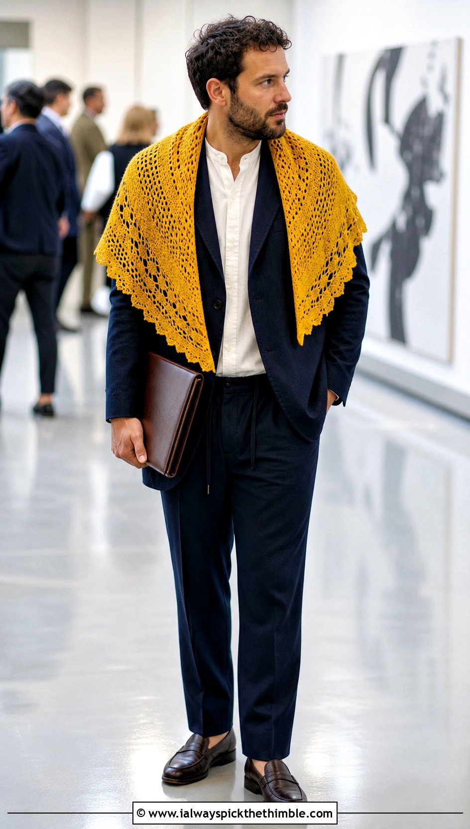 Half Circle Crochet Shawl With Relaxed Suit - 20 crochet shawl for men outfit ideas