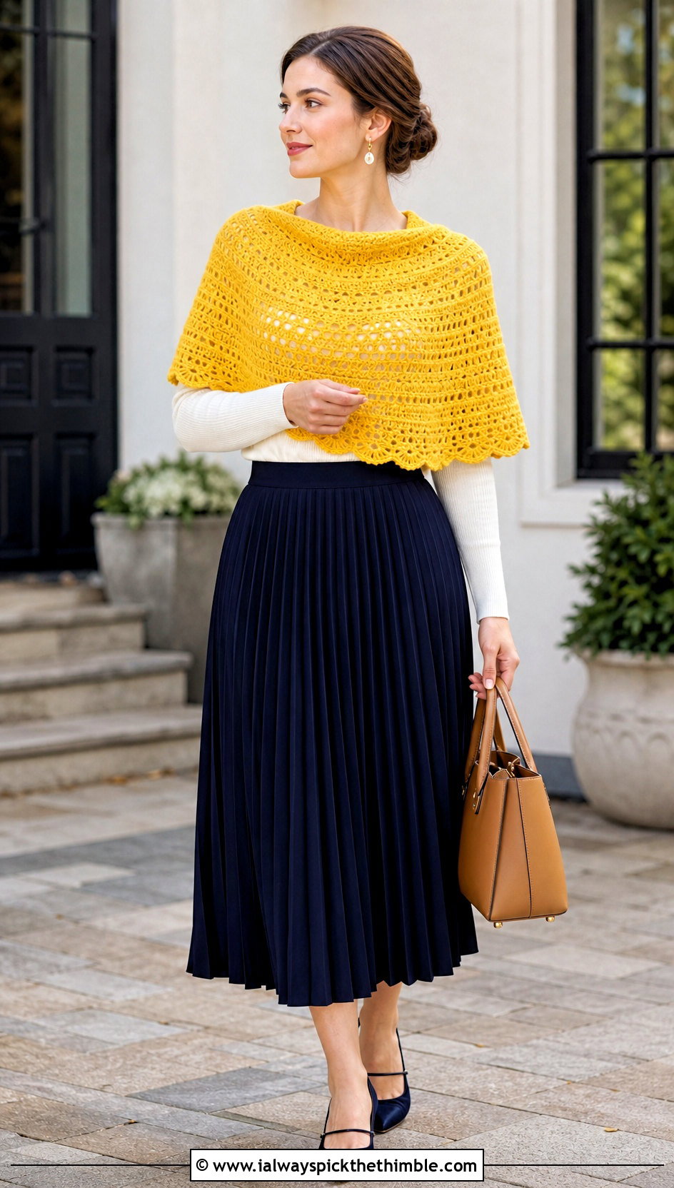 Half Circle Crochet Shawl With a Midi Skirt - 20 one skein crochet shawl outfit ideas