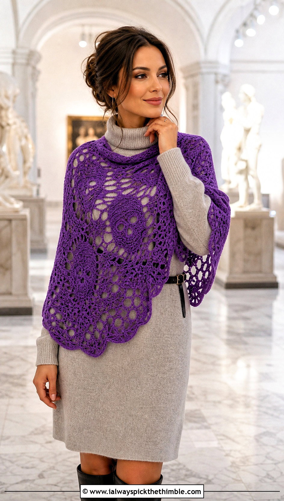 Half Circle Crochet Skull Shawl With Sweater Dress - 25 crochet skull shawl outfit ideas
