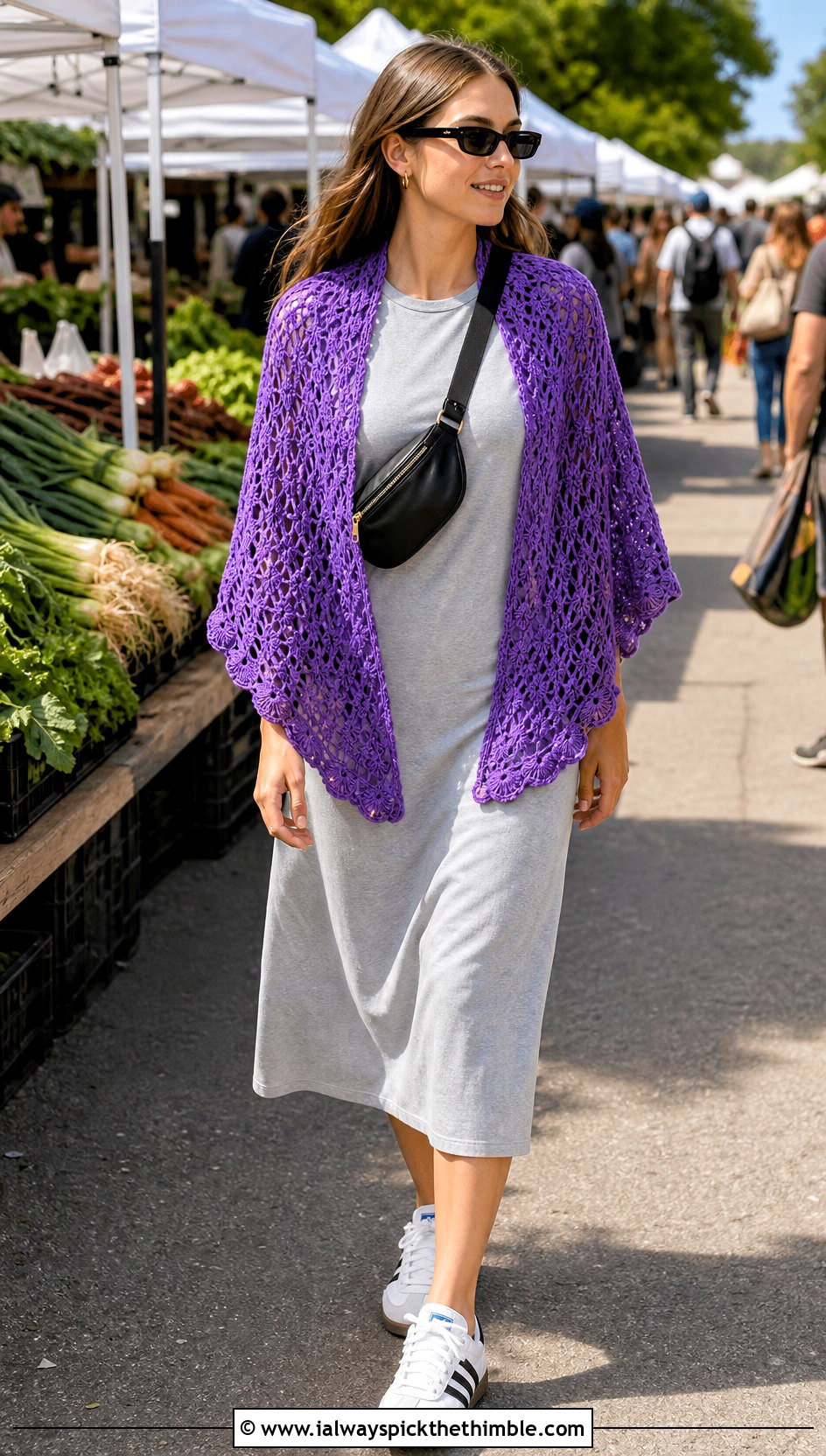 Half Circle Crochet Wrap With T Shirt Dress And Sneakers - 20 crochet summer wrap outfit ideas