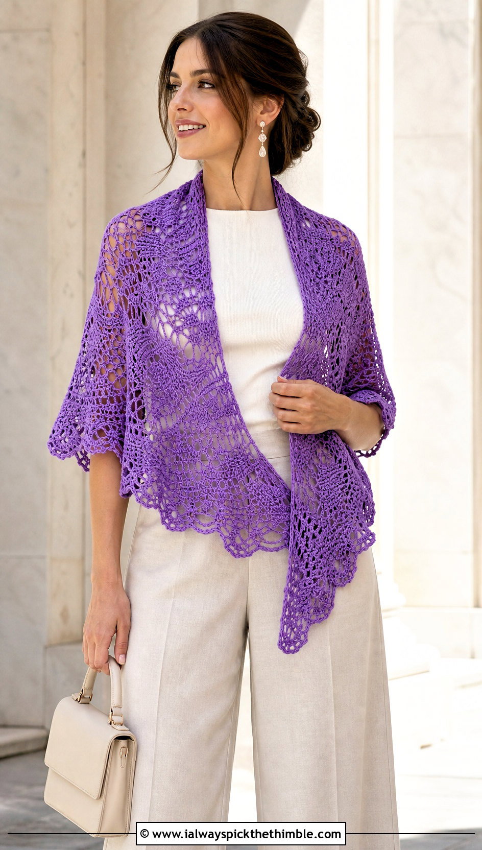 Half Circle Lace Crochet Cotton Shawl With Wide Leg Trousers - 15 Crochet Cotton Shawl outfit ideas