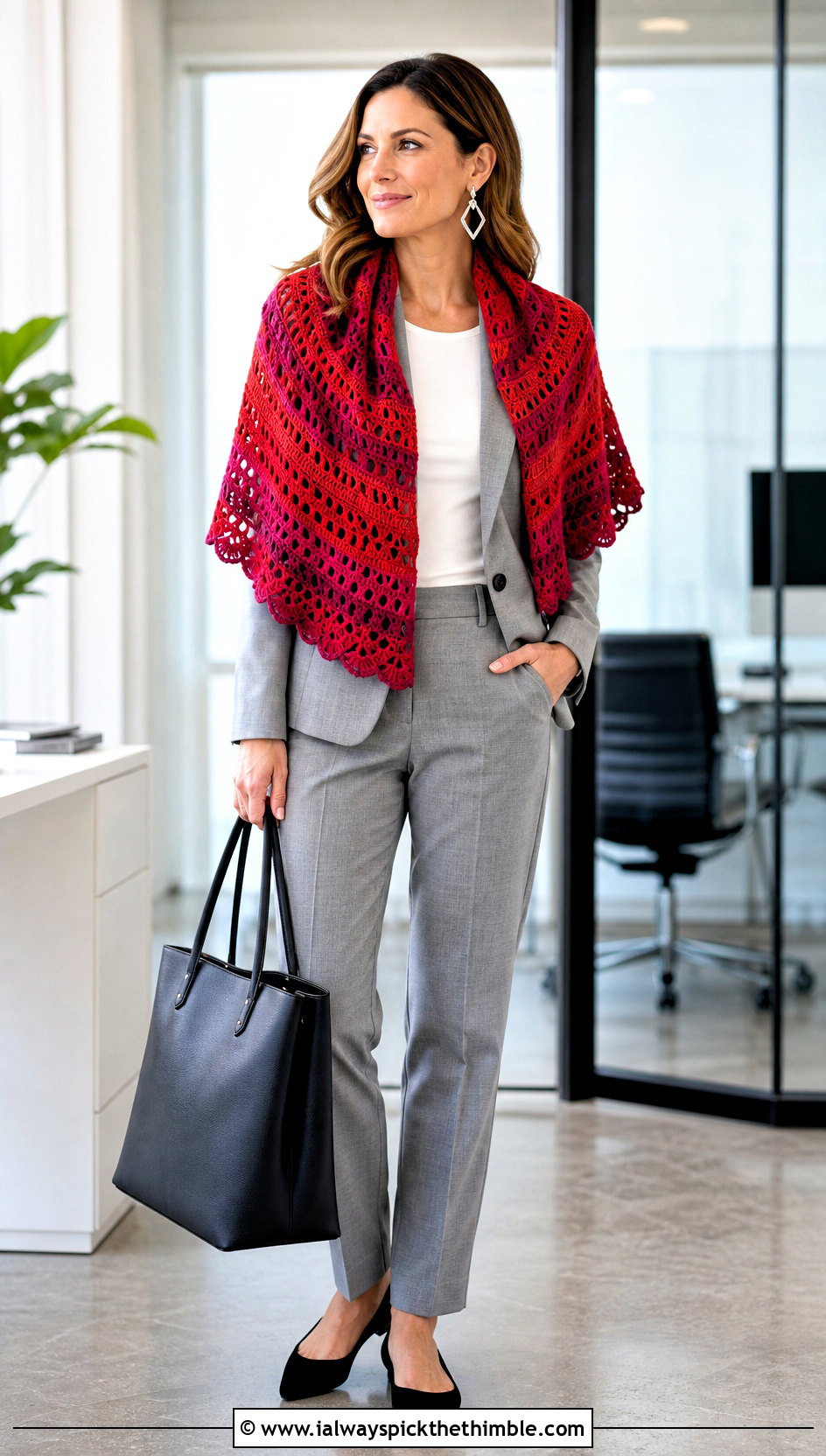 Half Circle Mandala Yarn Crochet Shawl With A Trouser Suit - 15 Crochet Shawl Mandala Yarn outfit ideas