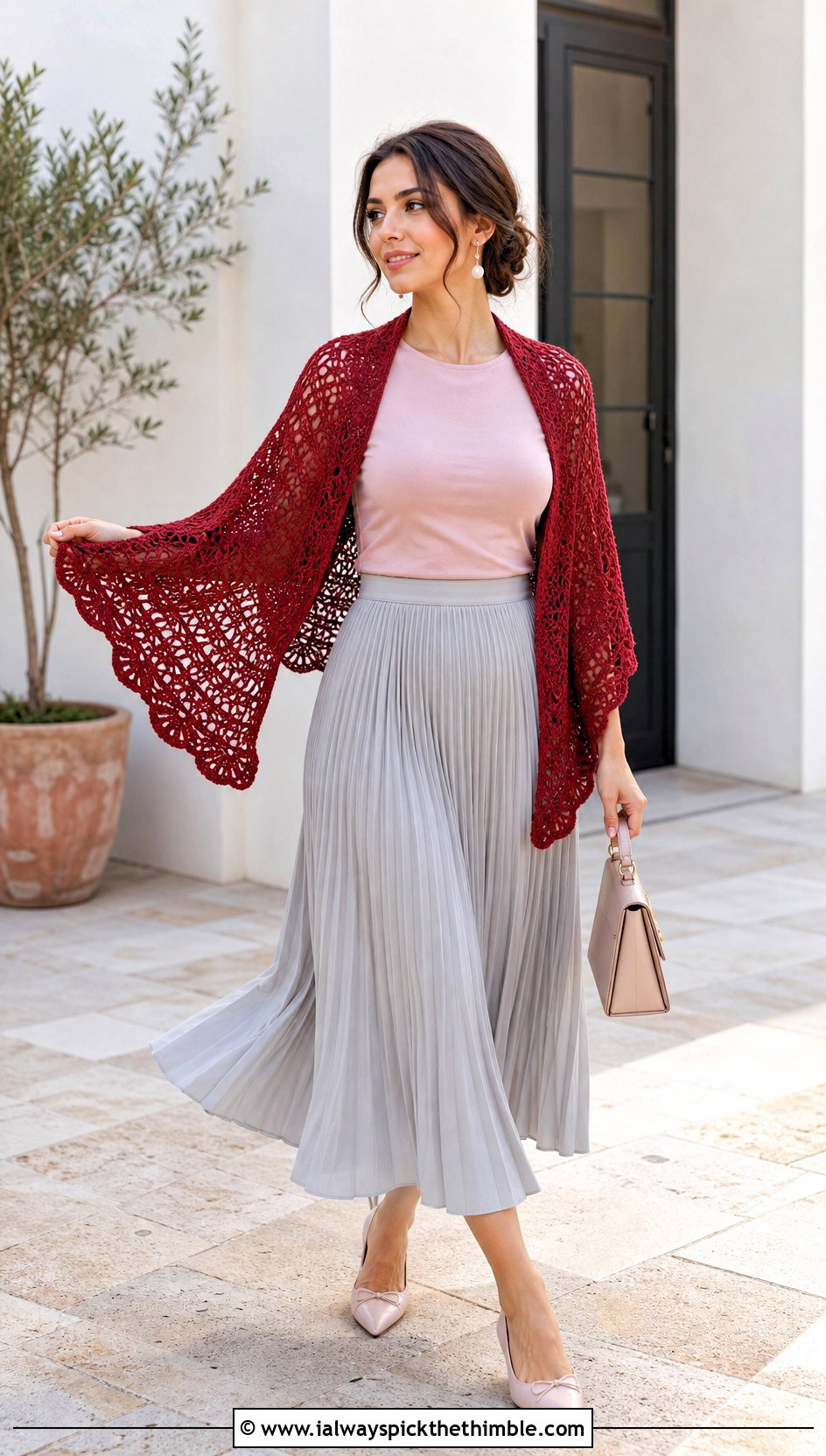 Half Circle Shawl With Pleated Midi Skirt - 20 Vintage Crochet Shawl outfit ideas