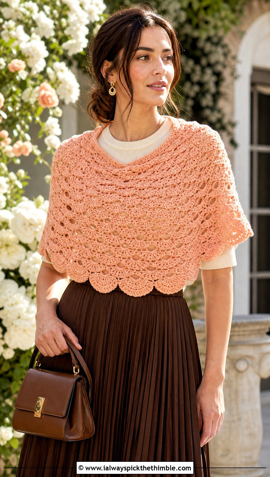 Half Circle Shell Stitch Crochet Shawl With Midi Skirt - 15 bright crochet shawl outfit ideas
