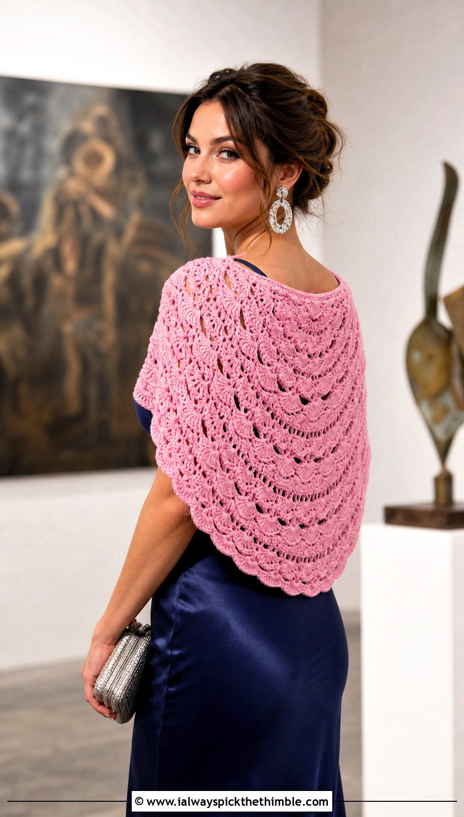 Half Circle Shell Stitch Shawl With Satin Slip Dress - 20 Victorian Crochet Shawl outfit ideas