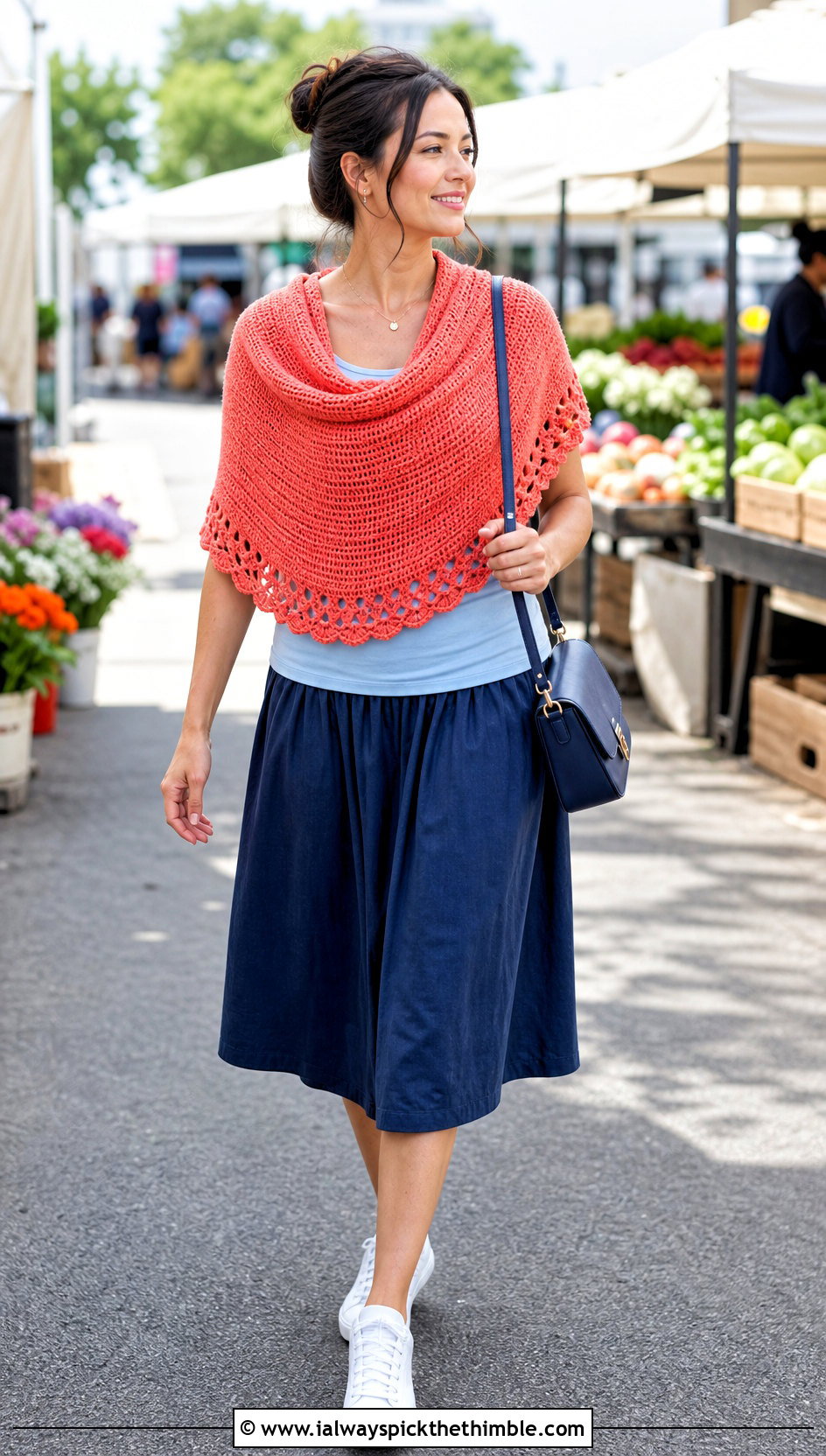 Half Circle Tunisian Shawl With Midi Skirt And Sneakers - 25 tunisian crochet shawl outfit ideas