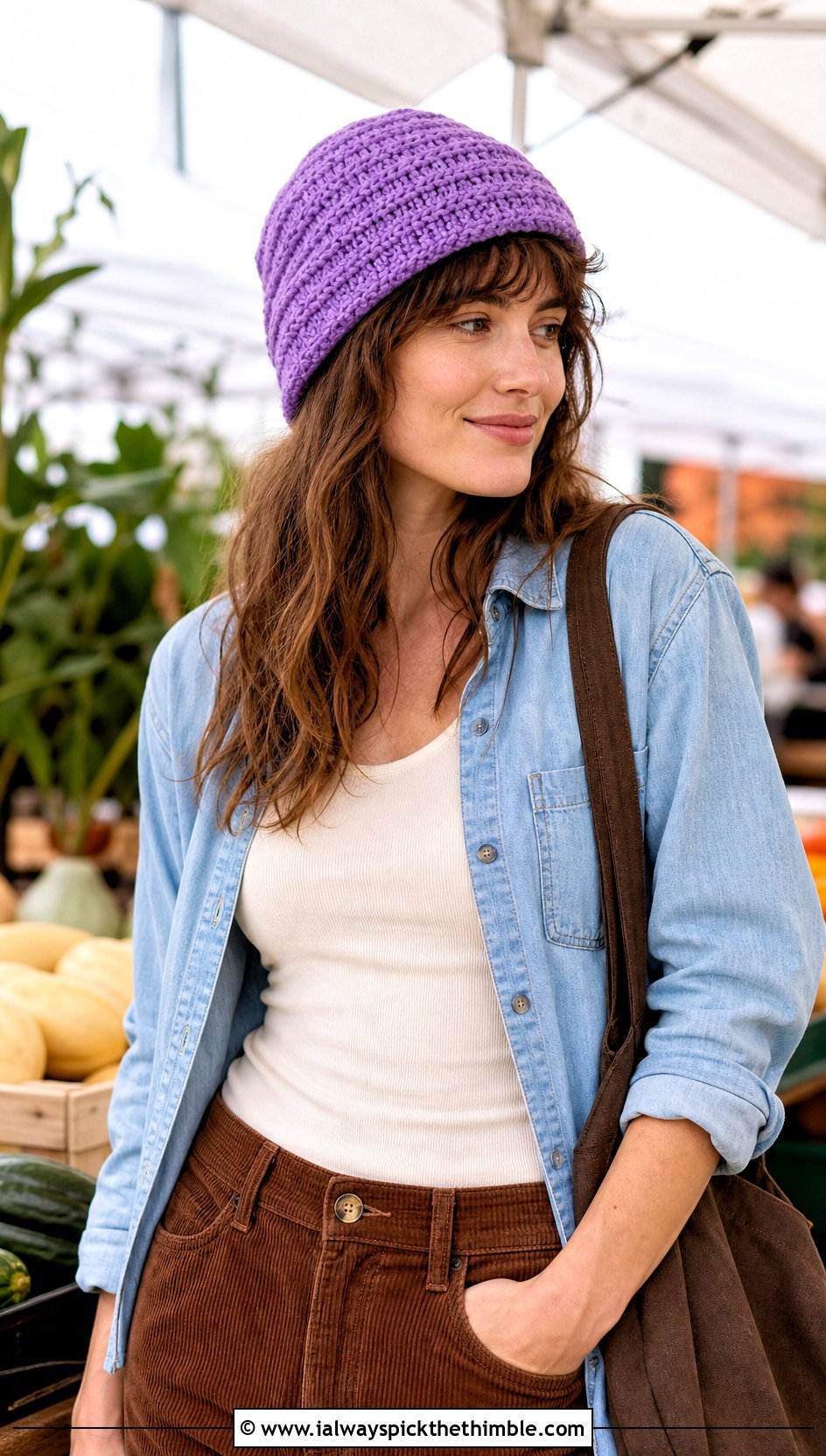 Half Double Crochet Beanie With Denim Shirt And Corduroy Pants - 20 beginner crochet beanie outfit ideas