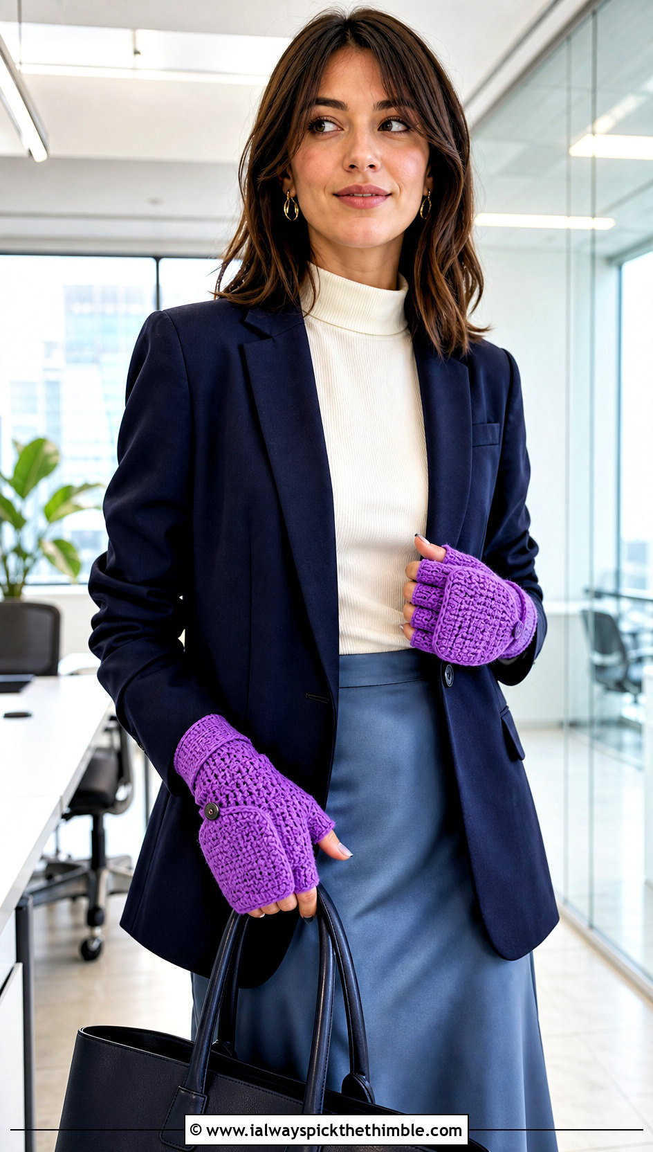 Half Finger Convertible Crochet Gloves With Blazer and Midi Skirt - 20 Convertible Crochet Gloves outfit ideas