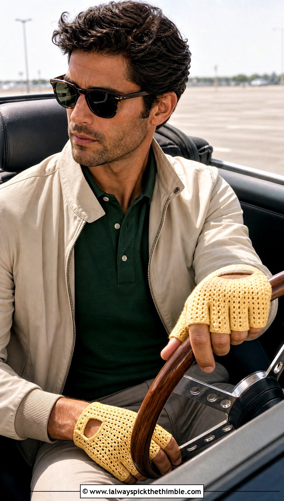 Half Finger Crochet Driving Gloves With Harrington Jacket - 20 Crochet Mens Gloves outfit ideas