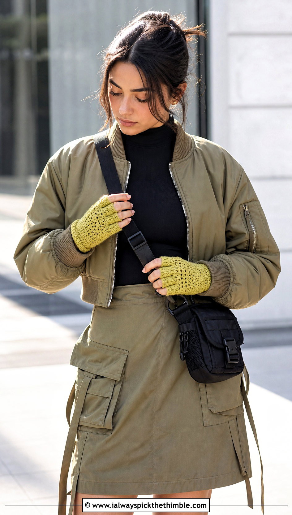 Half Finger Crochet Gloves With Cargo Skirt - 20 crocheted gloves outfit ideas