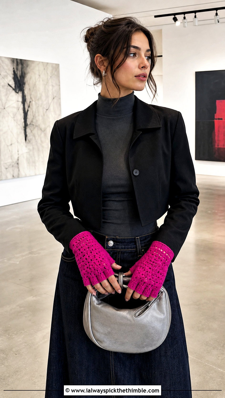 Half Finger Crochet Gloves With Denim Maxi Skirt - 20 crochet hand mittens outfit ideas