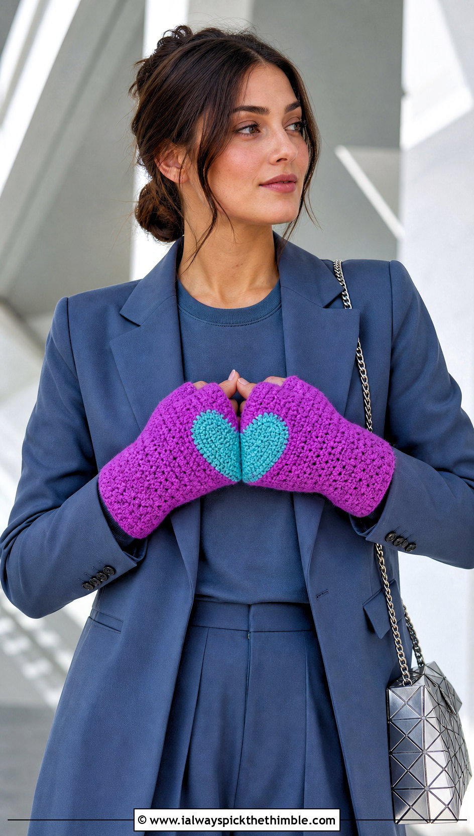 Half Heart Palm Hand Warmers With Monochrome Suit - 15 Heart Crochet Gloves outfit ideas