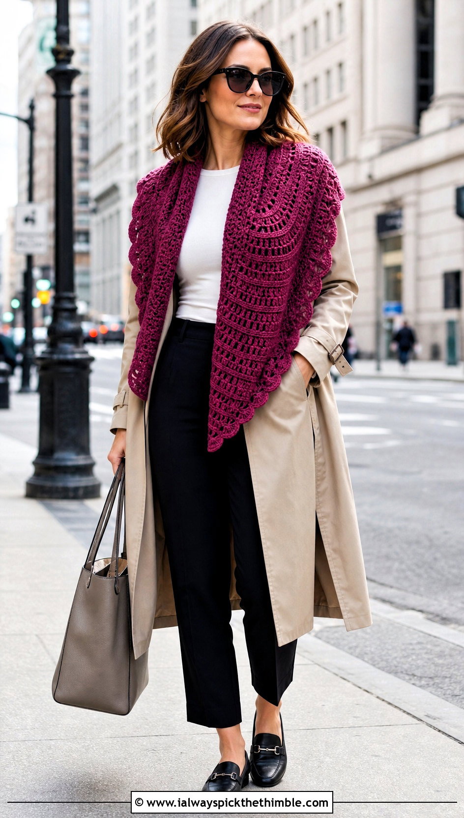 Half Hexagon Crochet Shawl With Trench Coat - 20 Crochet A Shawl outfit ideas