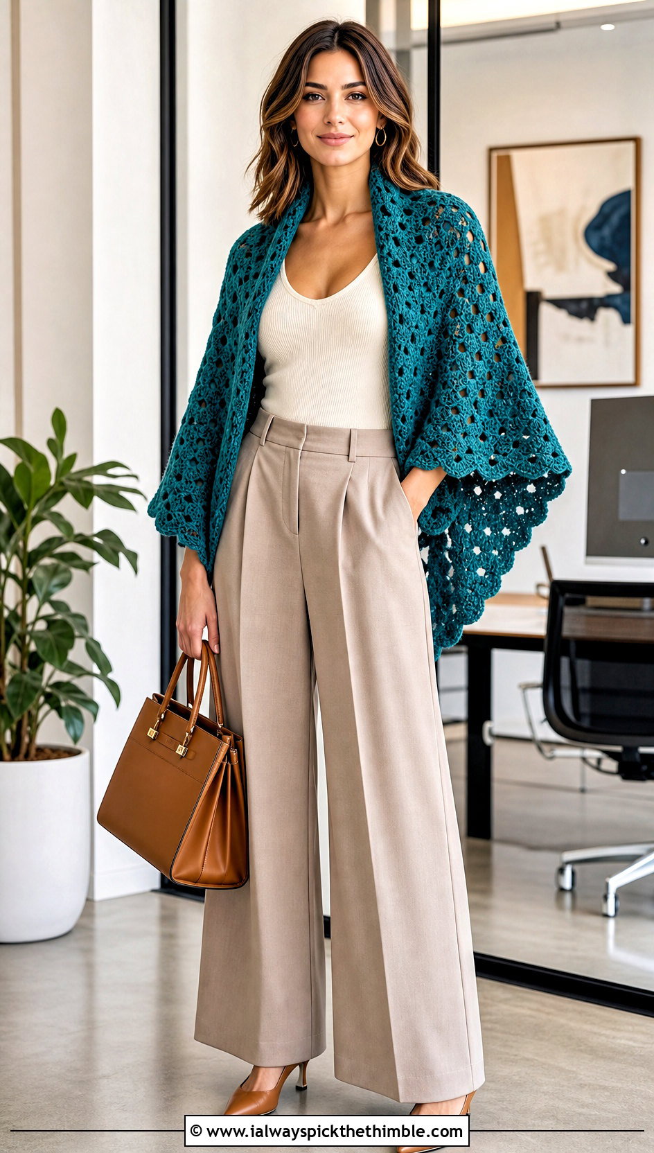 Half Hexagon Granny Shawl With Wide Leg Trousers - 15 Granny Crochet Shawl outfit ideas