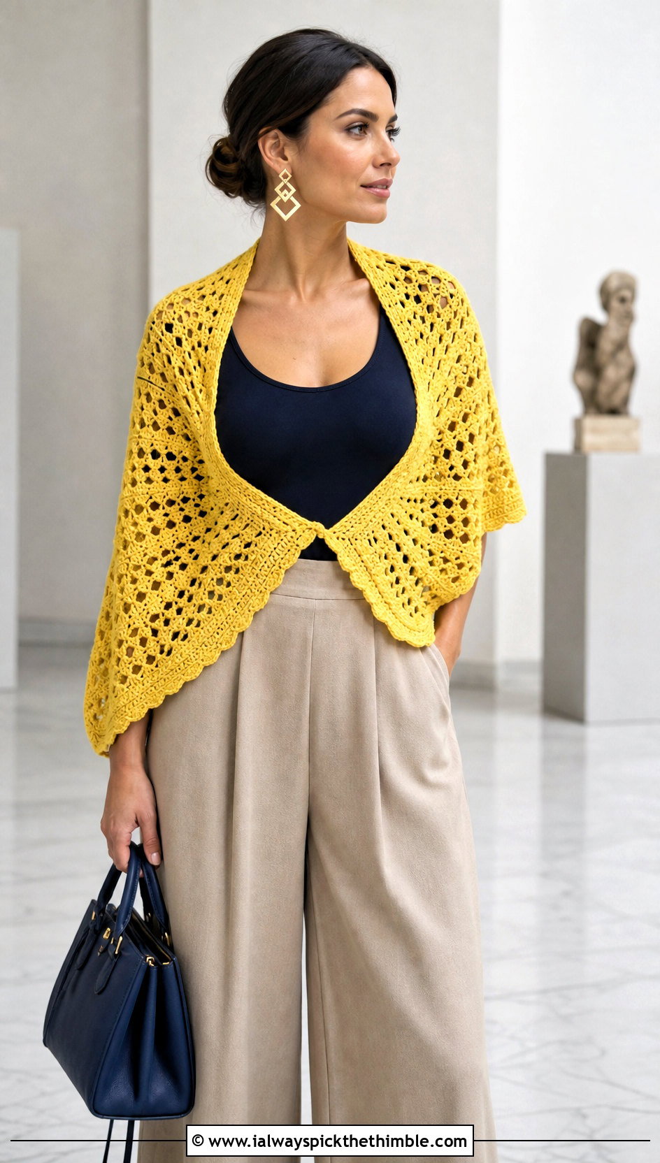 Half Hexagon Granny Square Shawl With Wide Leg Pants - 25 granny square shawl outfit ideas