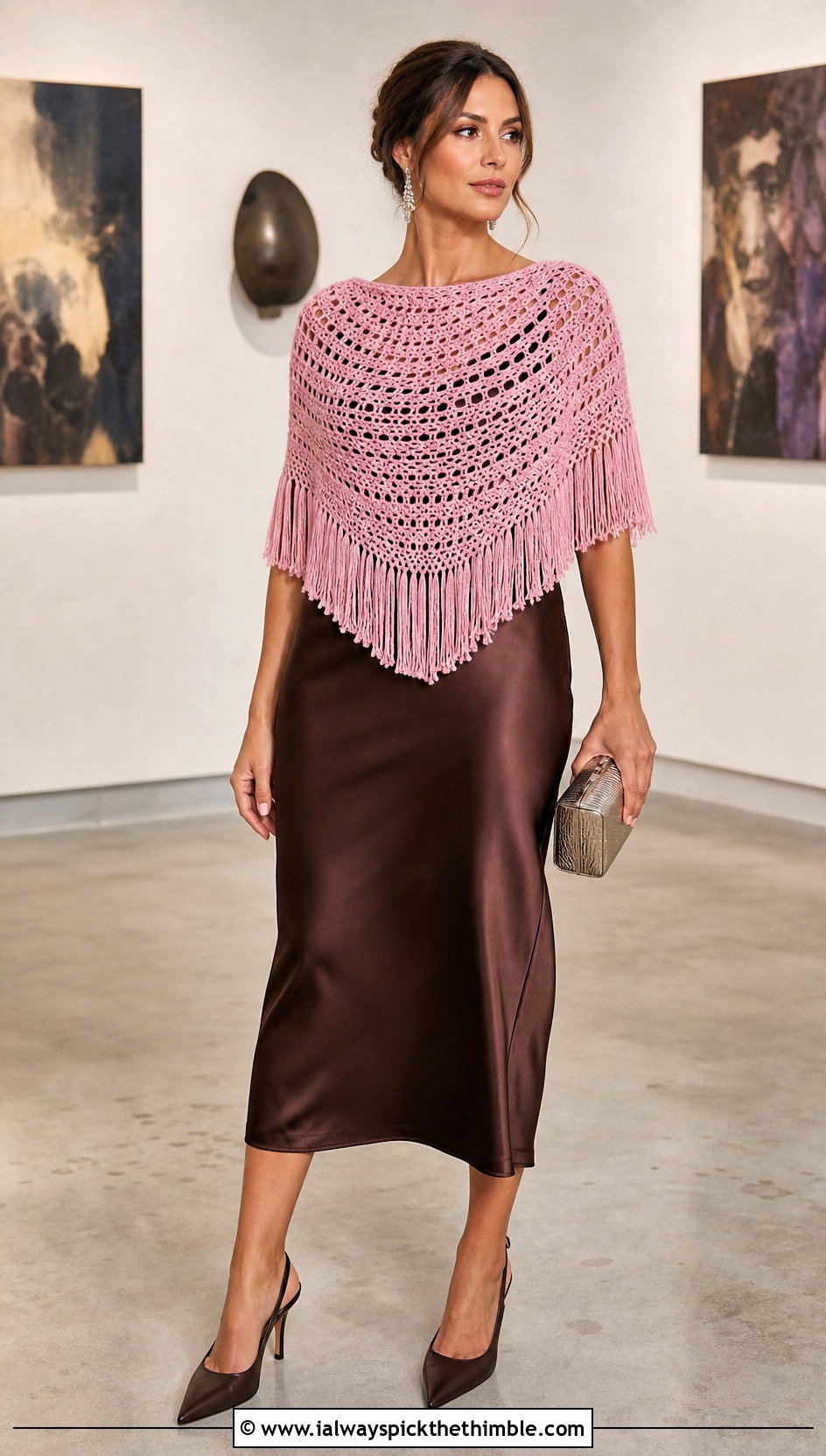 Half Moon Crochet Shawl With Satin Slip Dress - 20 Stevie Nicks Crochet Shawl outfit ideas