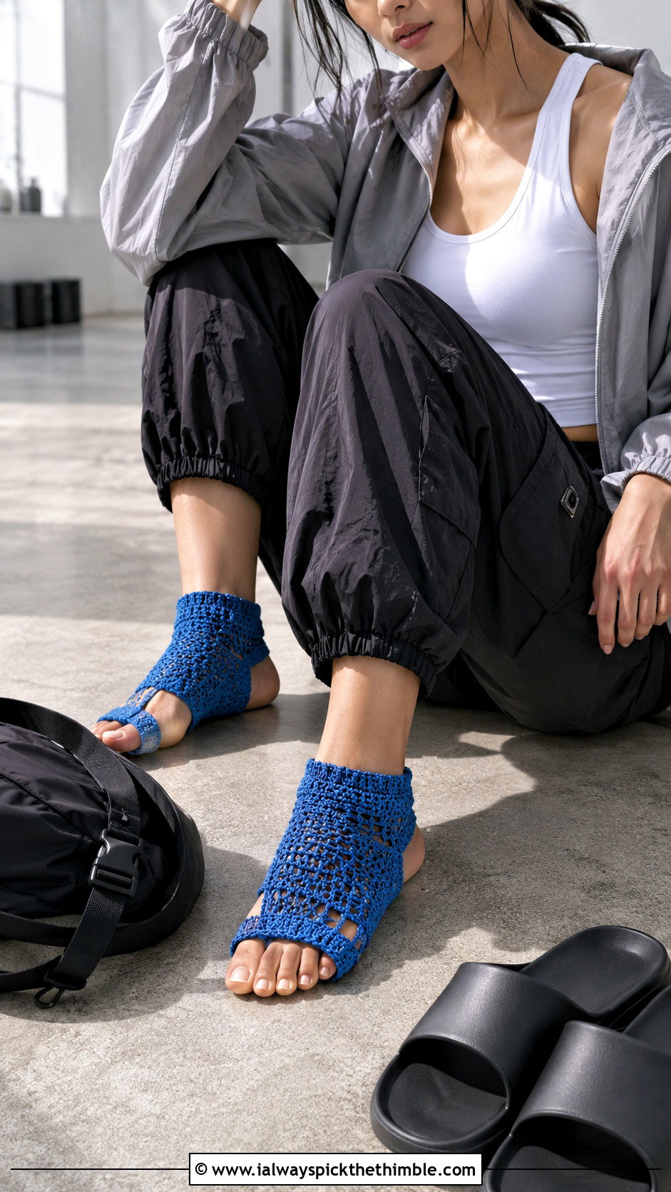 Half Toe Crochet Yoga Socks With Cargo Joggers - 25 crochet yoga socks outfit ideas