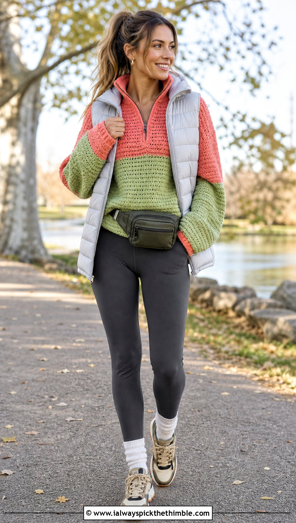 Half Zip Crochet Colorblock Sweater With Leggings And Puffer Vest - 20 crochet colorblock sweater outfit ideas