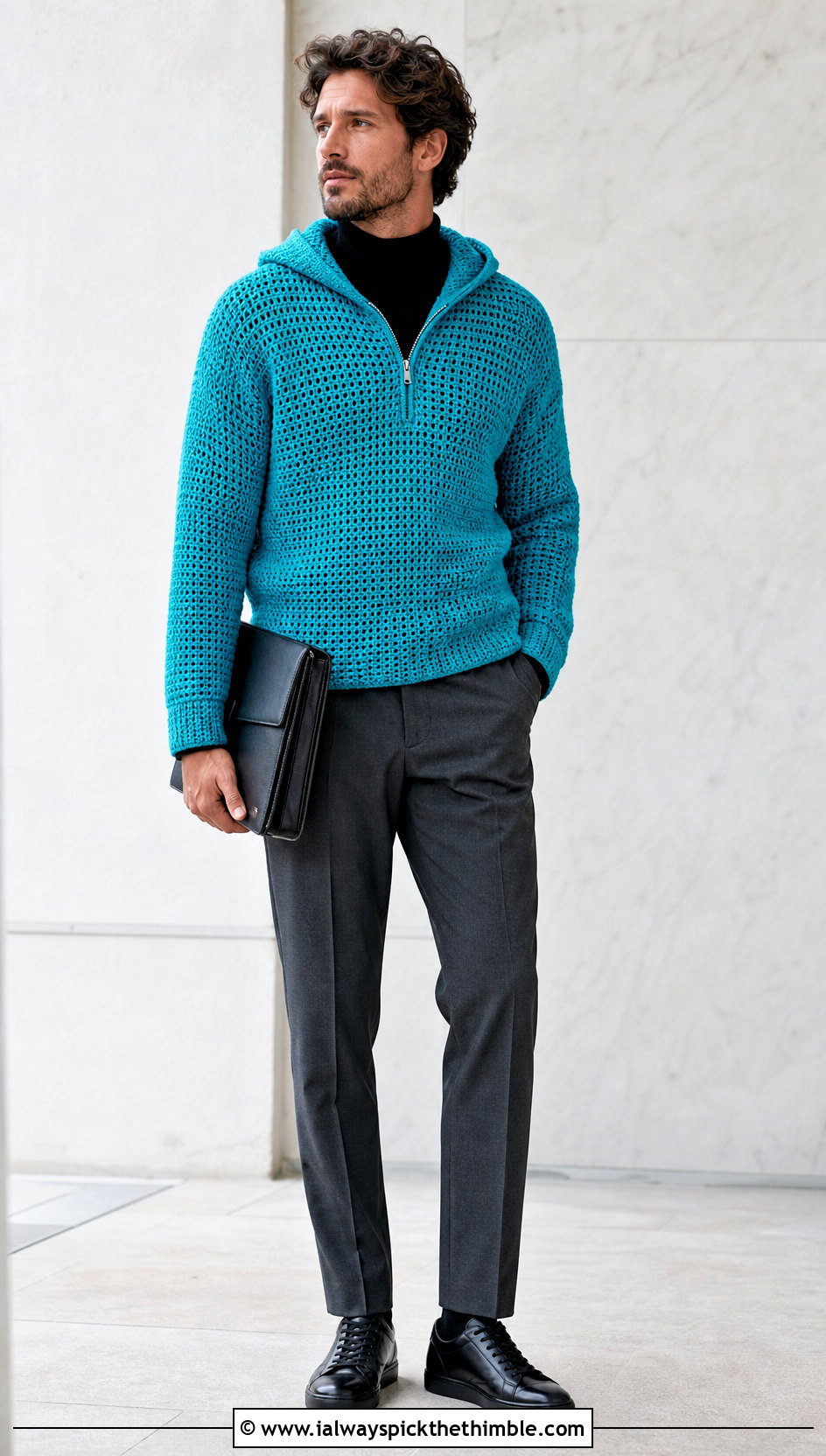 Half Zip Crochet Hoodie With Suit Pants - 20 Crochet Hoodie Men outfit ideas