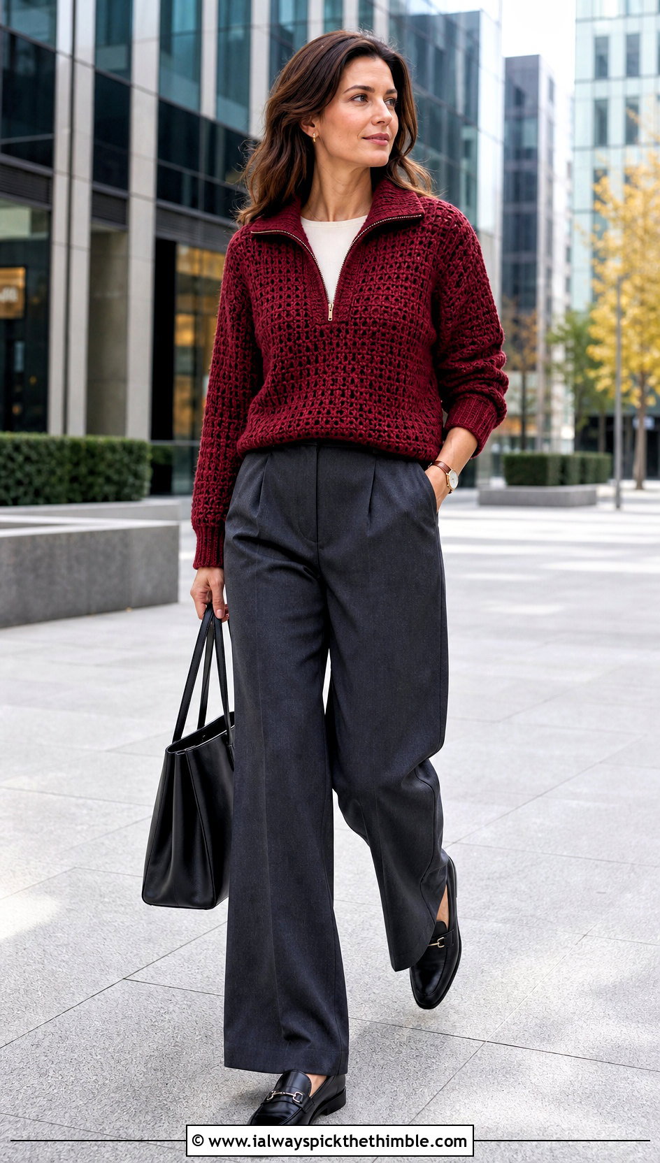 Half Zip Crochet Sweater With Wide Leg Trousers - 20 Easy Crochet Sweater For Women outfit ideas