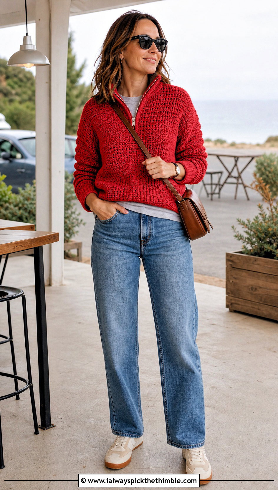 Half Zip Half Double Crochet Sweater With Straight Jeans - 20 half double crochet sweater outfit ideas