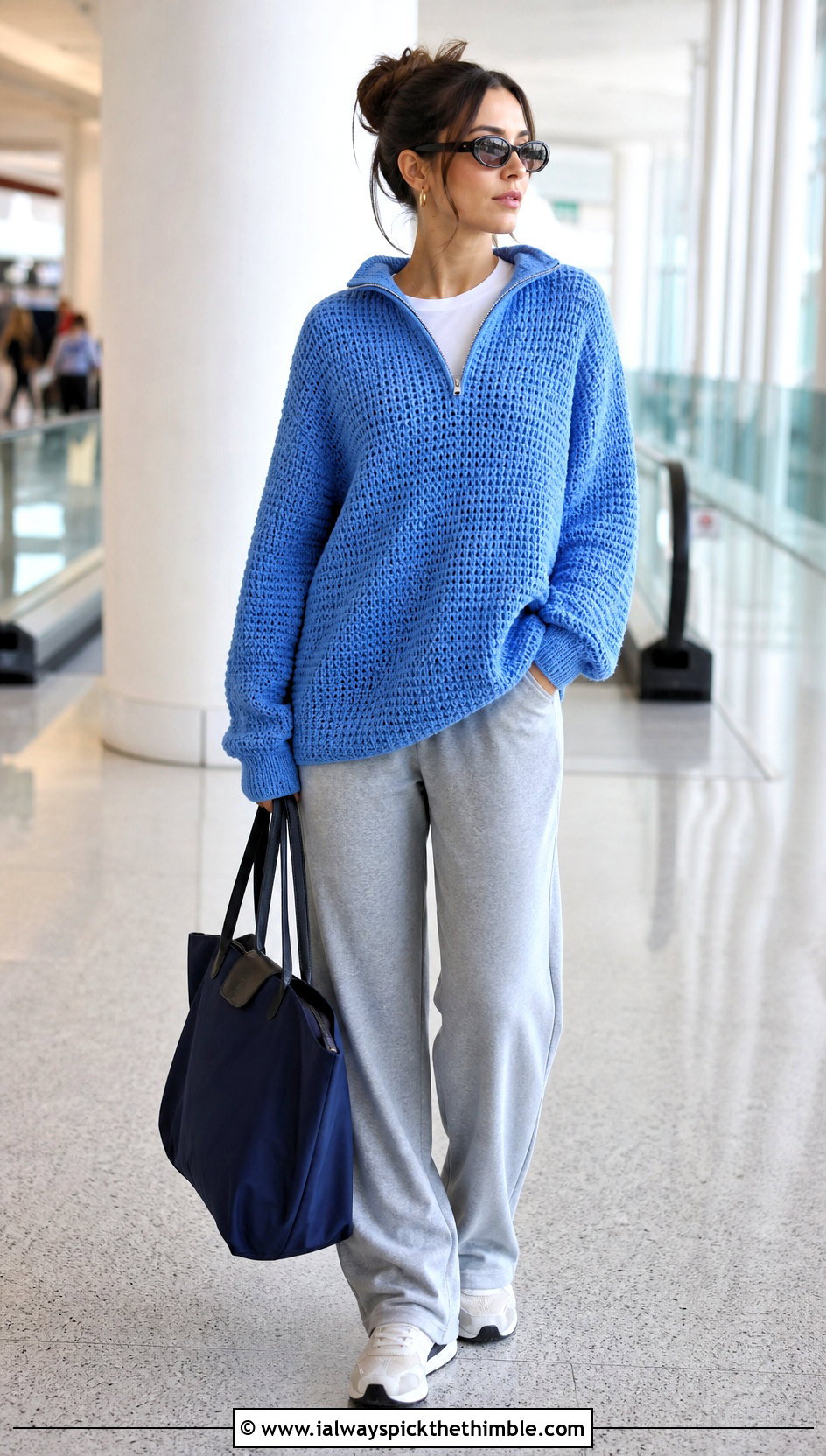 Half Zip Oversized Crochet Sweater With Track Pants - 25 crochet oversized sweater outfit ideas