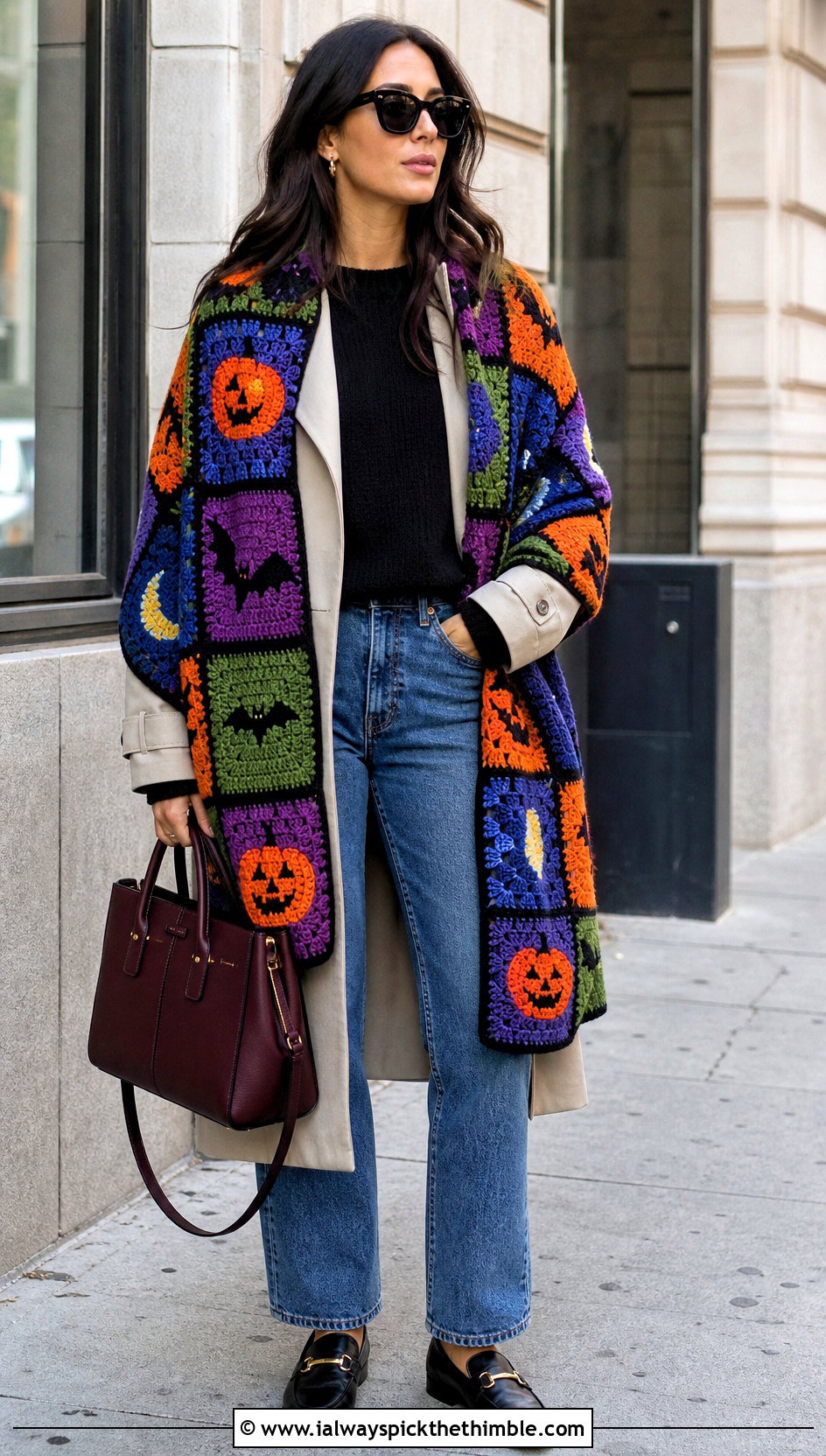 Halloween Granny Square Crochet Shawl With Trench Coat - 20 halloween crochet shawl outfit ideas