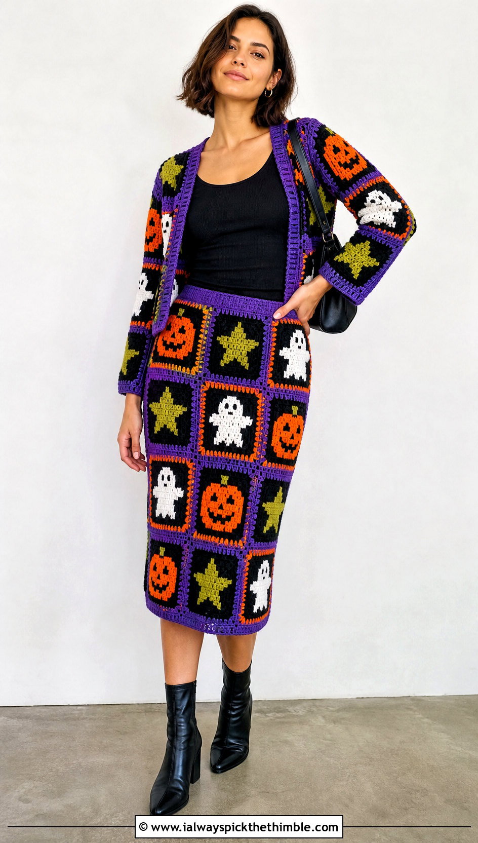 Halloween Patchwork Crochet Co Ord With Ankle Boots - 20 Crochet Halloween Clothing and outfit ideas