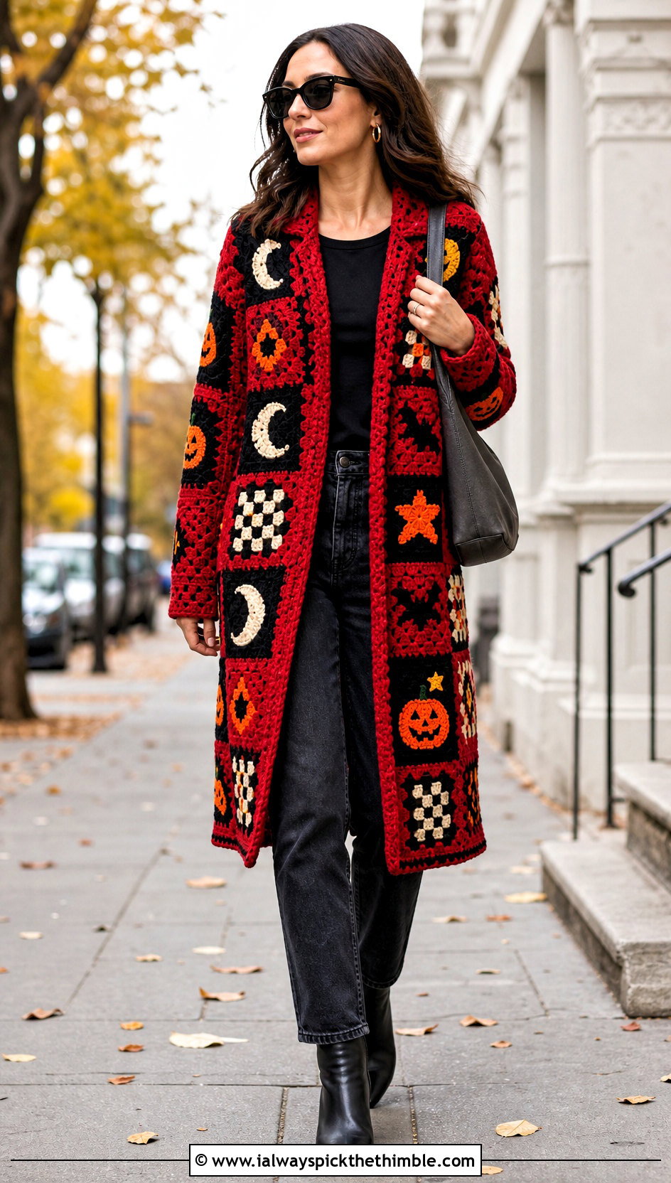 Halloween Patchwork Crochet Coat With Denim Outfit - 20 Crochet Halloween Clothes and outfit ideas