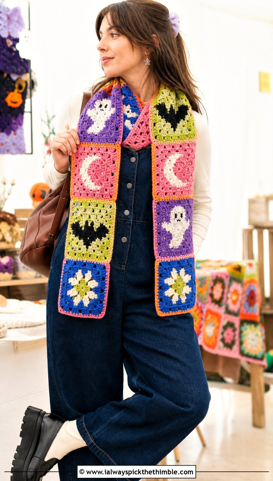 Halloween Patchwork Crochet Scarf With Denim Jumpsuit - 20 crochet halloween scarf outfit ideas