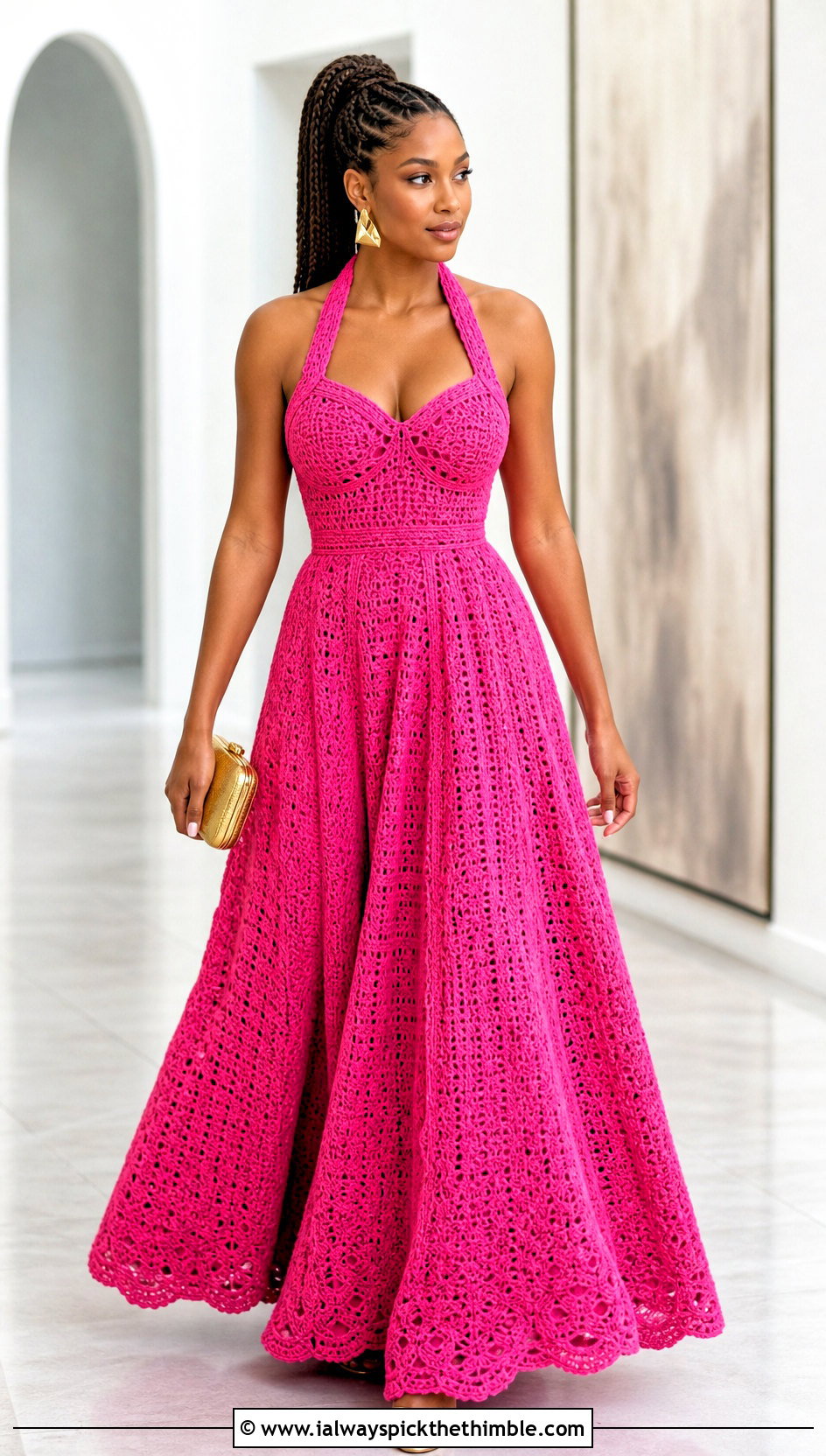 Halter Crochet Ball Gown With Gold Sandals - 20 Crochet Ball Gown outfit ideas