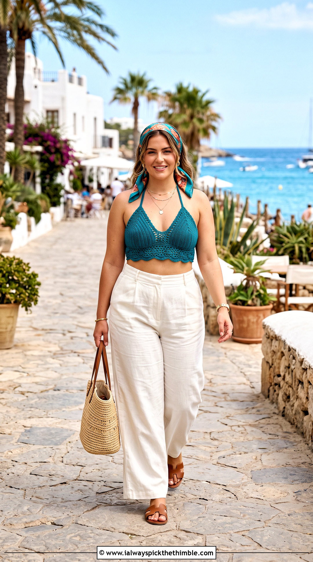 Halter Crochet Bikini With Wide Leg Linen Pants - 20 boho crochet bikinis outfit ideas