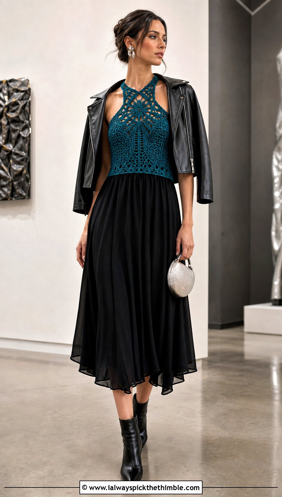 Halter Crochet Bodice Dress With Leather Jacket - 20 crochet bodice dress outfit ideas