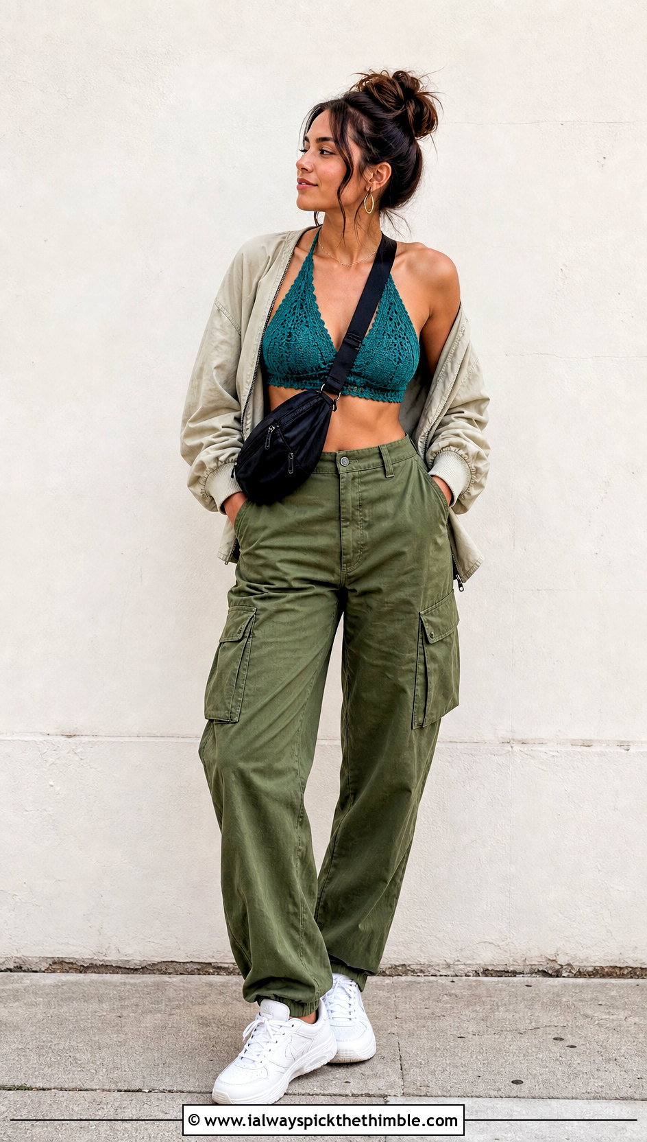Halter Crochet Bralette With Cargo Pants - 15 simple crochet bralette outfit ideas