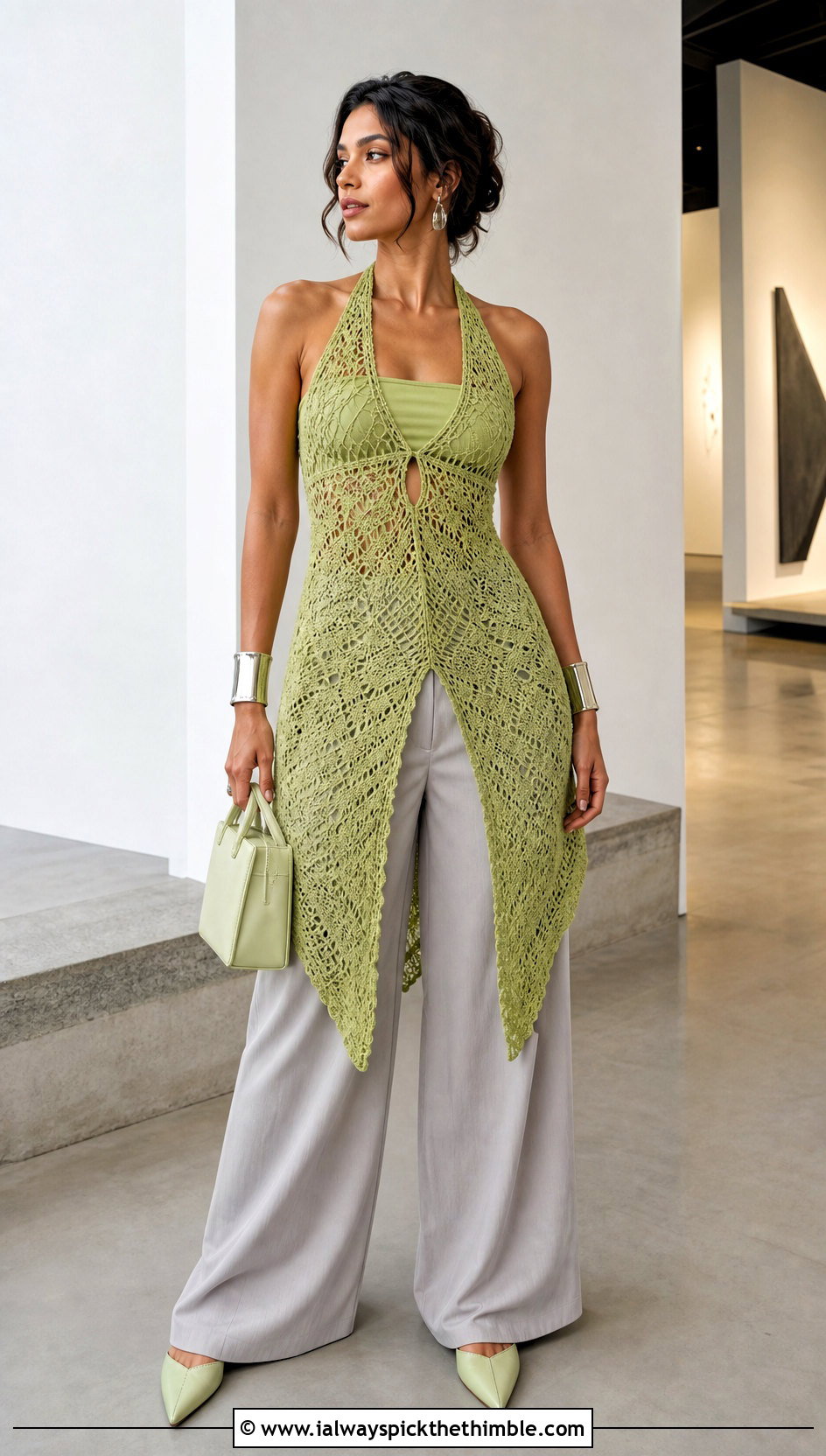 Halter Crochet Fairy Dress Over Wide Leg Trousers - 25 Crochet Fairy Dress outfit ideas