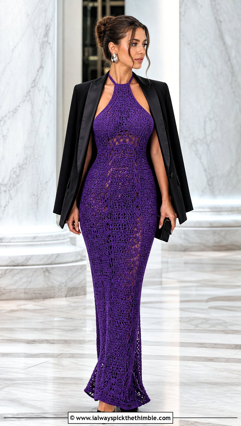 Halter Crochet Gown With Tuxedo Blazer - 25 crochet gown for ladies outfit ideas