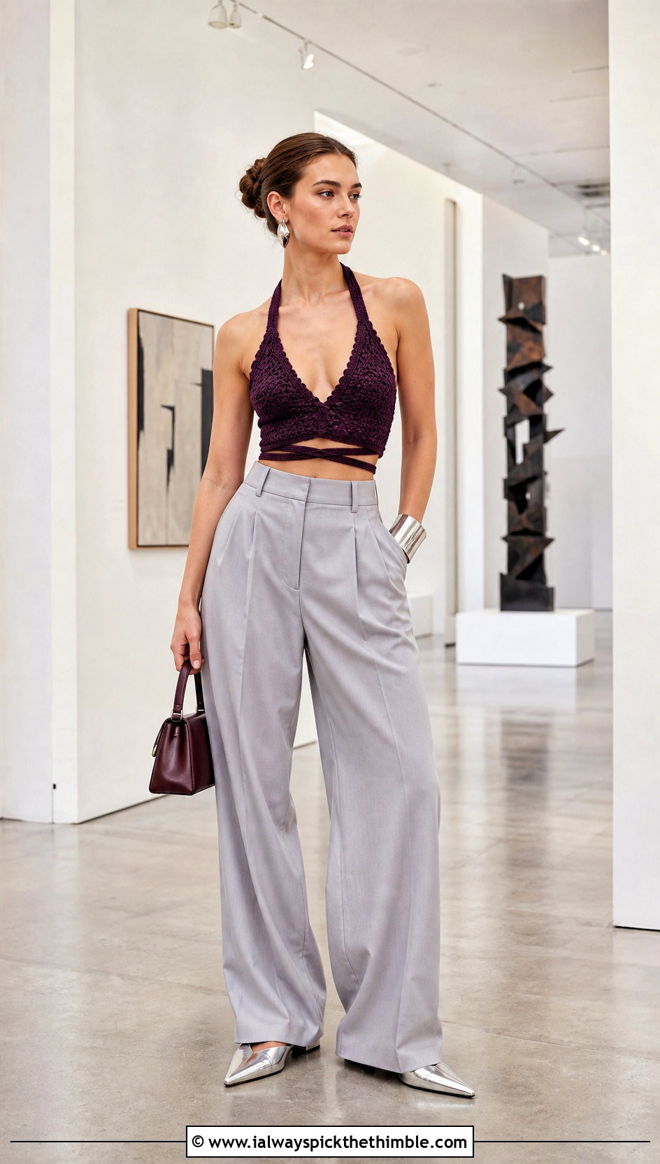 Halter Crochet Strappy Top With Relaxed Suit Pants - 15 crochet strappy top outfit ideas