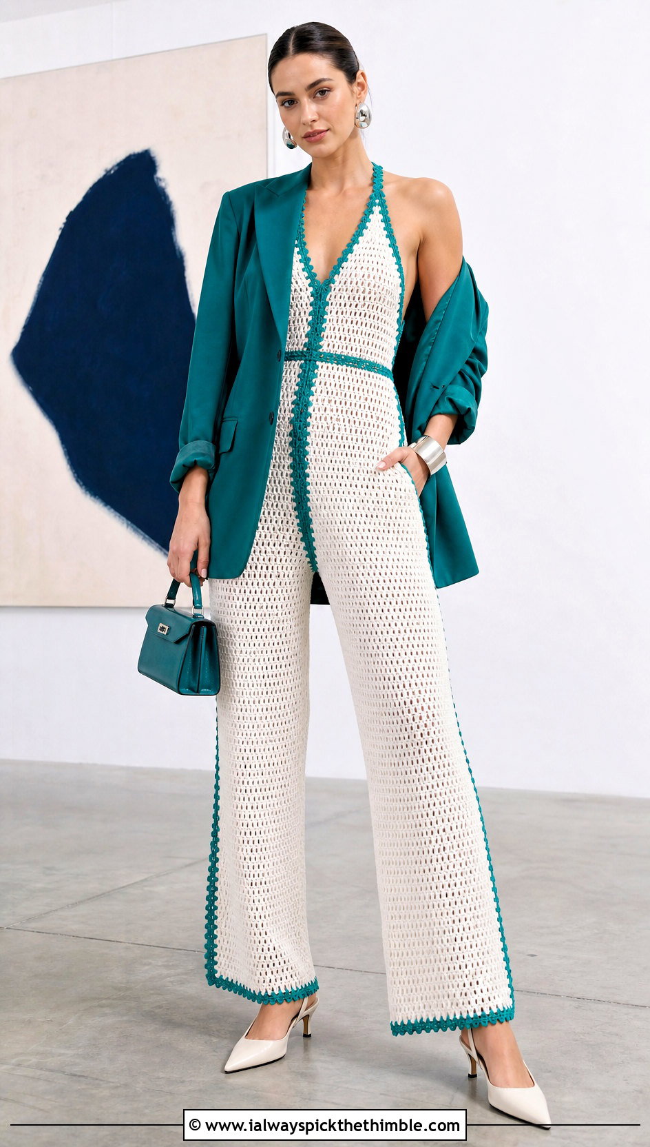 Halter Neck White Crochet Jumpsuit With Tailored Blazer - 15 white crochet jumpsuit outfit ideas