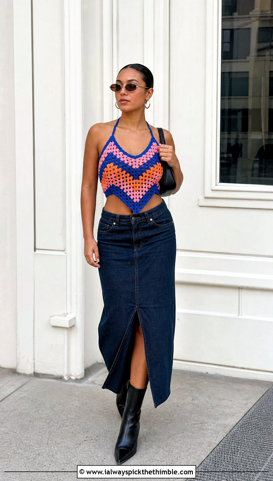 Handkerchief Crochet Top With Denim Maxi Skirt - 25 Outfit With Crochet Top outfit ideas