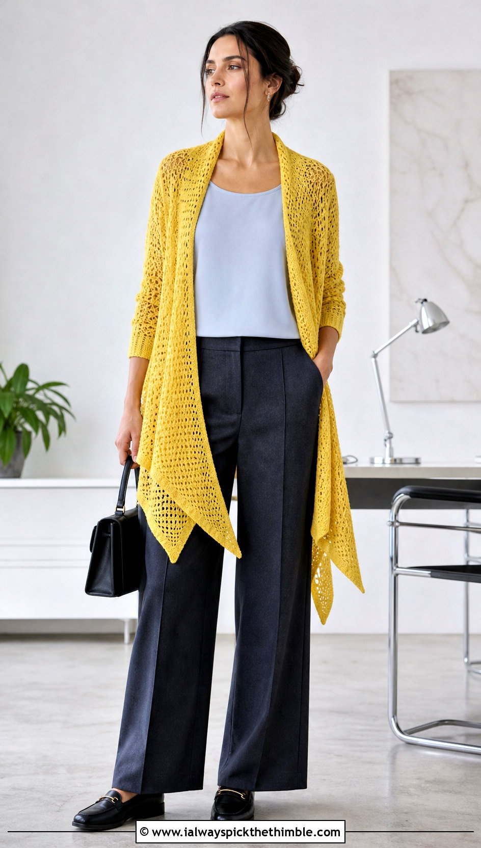 Handkerchief Hem Crochet Asymmetrical Cardigan With Tailored Trousers - 20 crochet asymmetrical cardigan outfit ideas