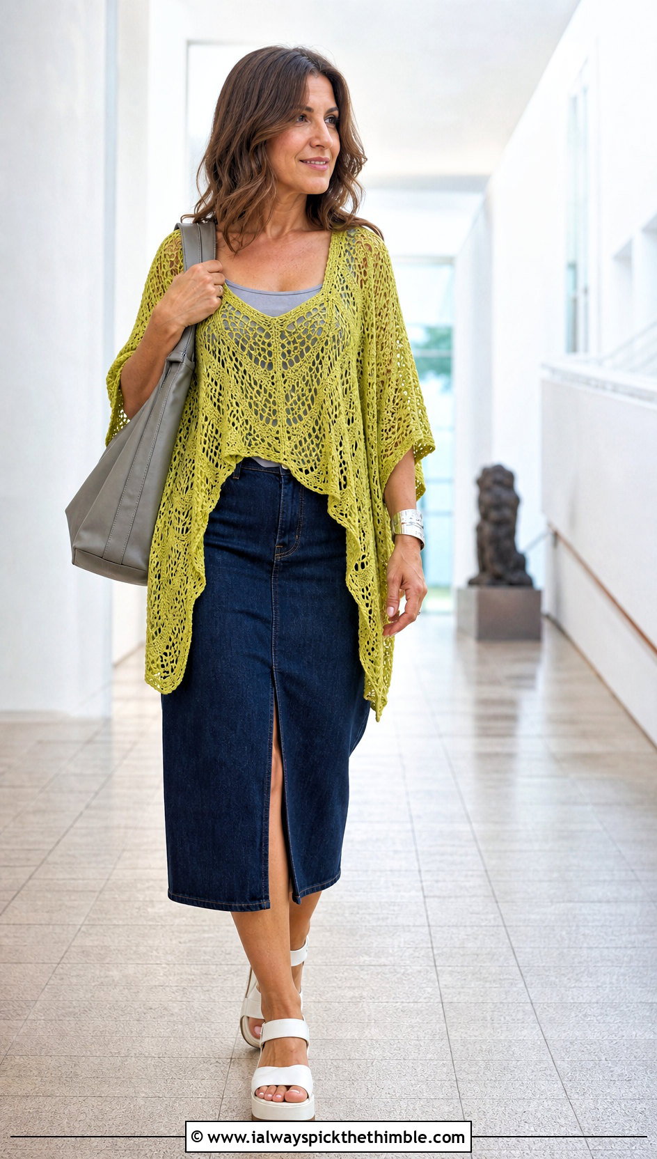 Handkerchief Hem Crochet Flowy Top With Denim Midi Skirt - 15 crochet flowy top outfit ideas