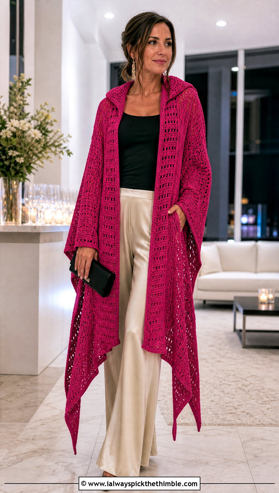 Handkerchief Hem Long Hooded Crochet Cape With Satin Trousers - 20 Long Hooded Crochet Cape outfit ideas