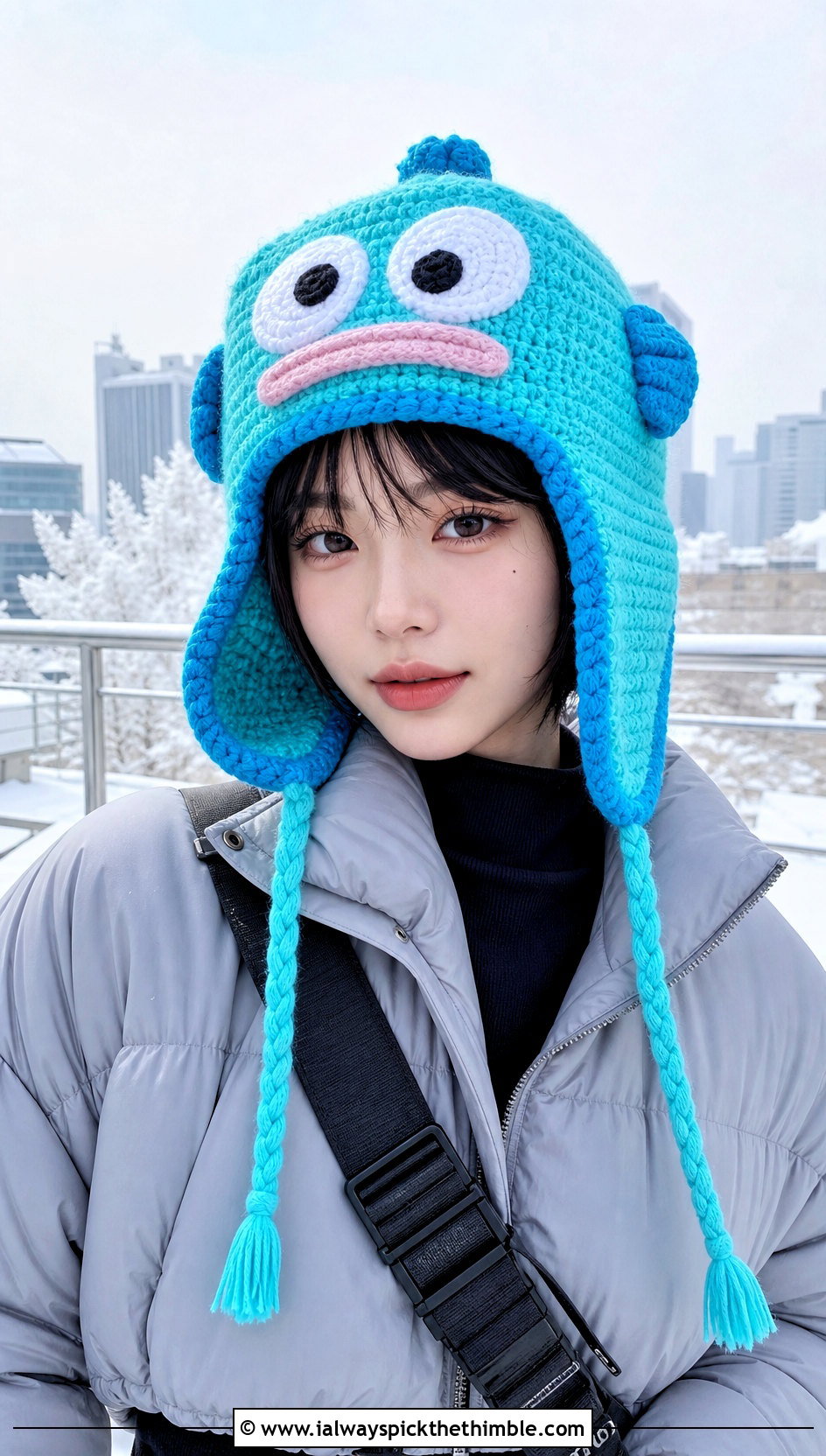 Hangyodon Crochet Trapper Hat With Puffer Jacket - 20 sanrio crochet hat outfit ideas