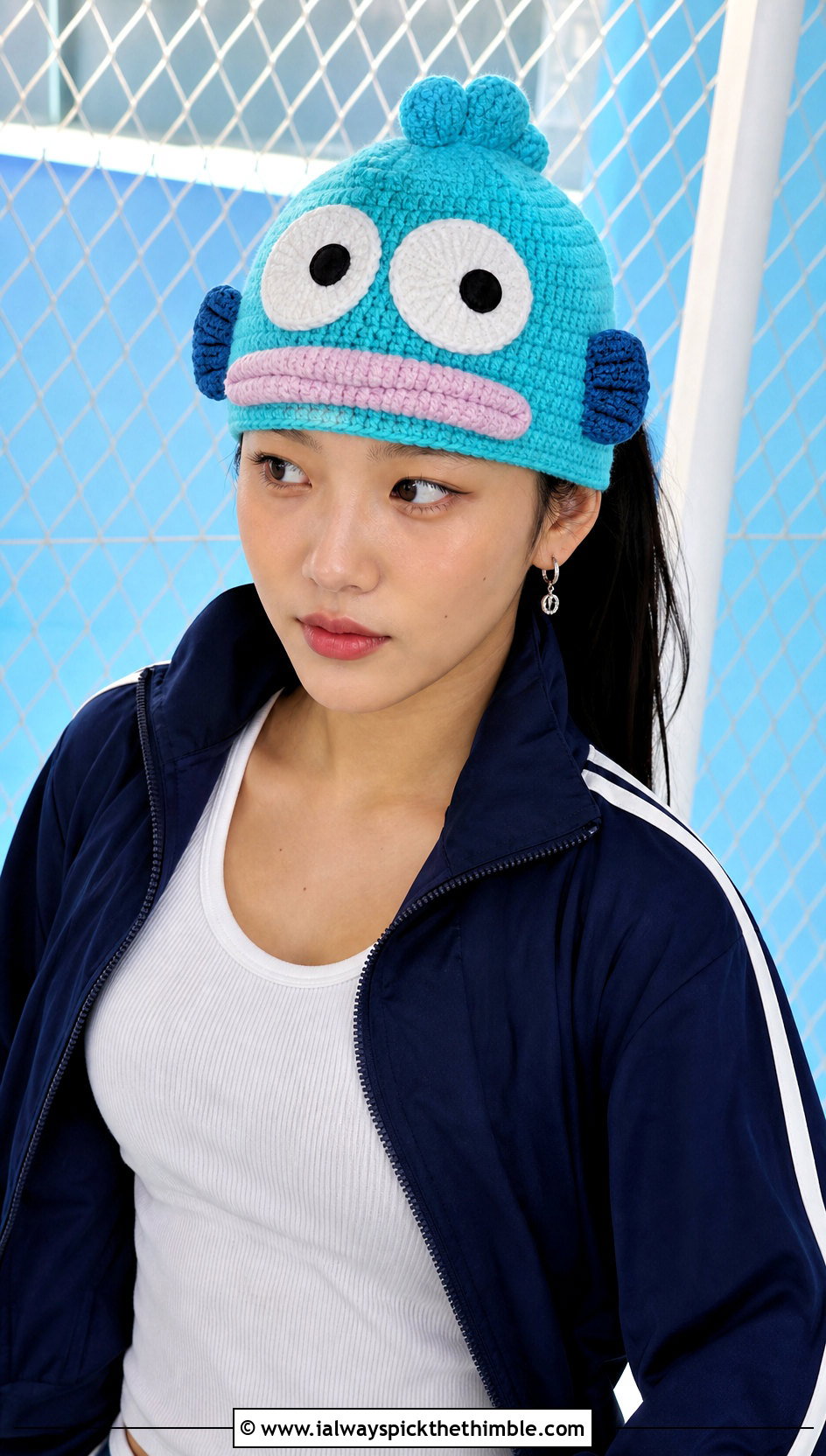 Hangyodon Fin Crochet Beanie With Track Jacket - 20 sanrio crochet beanie outfit ideas