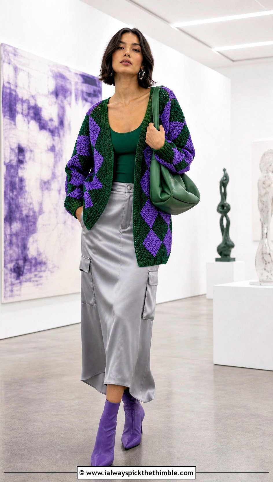 Harlequin Crochet Cardigan With Satin Cargo Skirt - 20 two color crochet cardigan outfit ideas