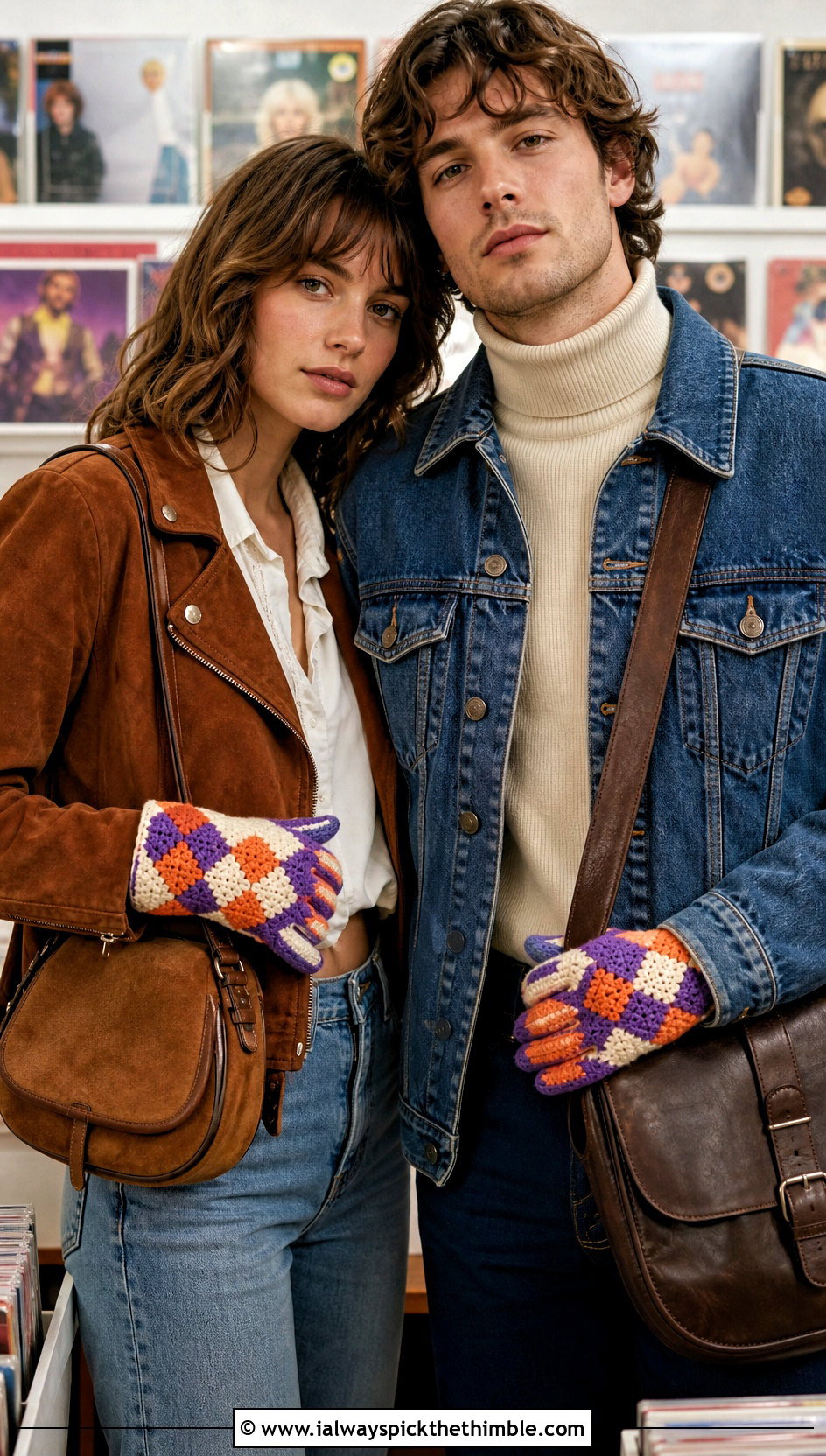 Harlequin Crochet Gloves With Vintage Denim - 20 Crochet Gloves For Couples outfit ideas