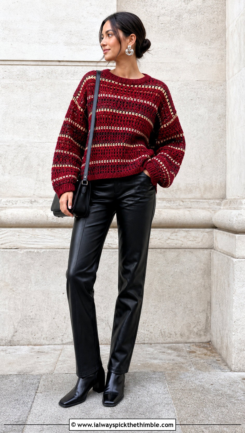 Harvest Stripe Crochet Drop Shoulder Sweater With Leather Pants - 20 Crochet Thanksgiving Sweater outfit ideas