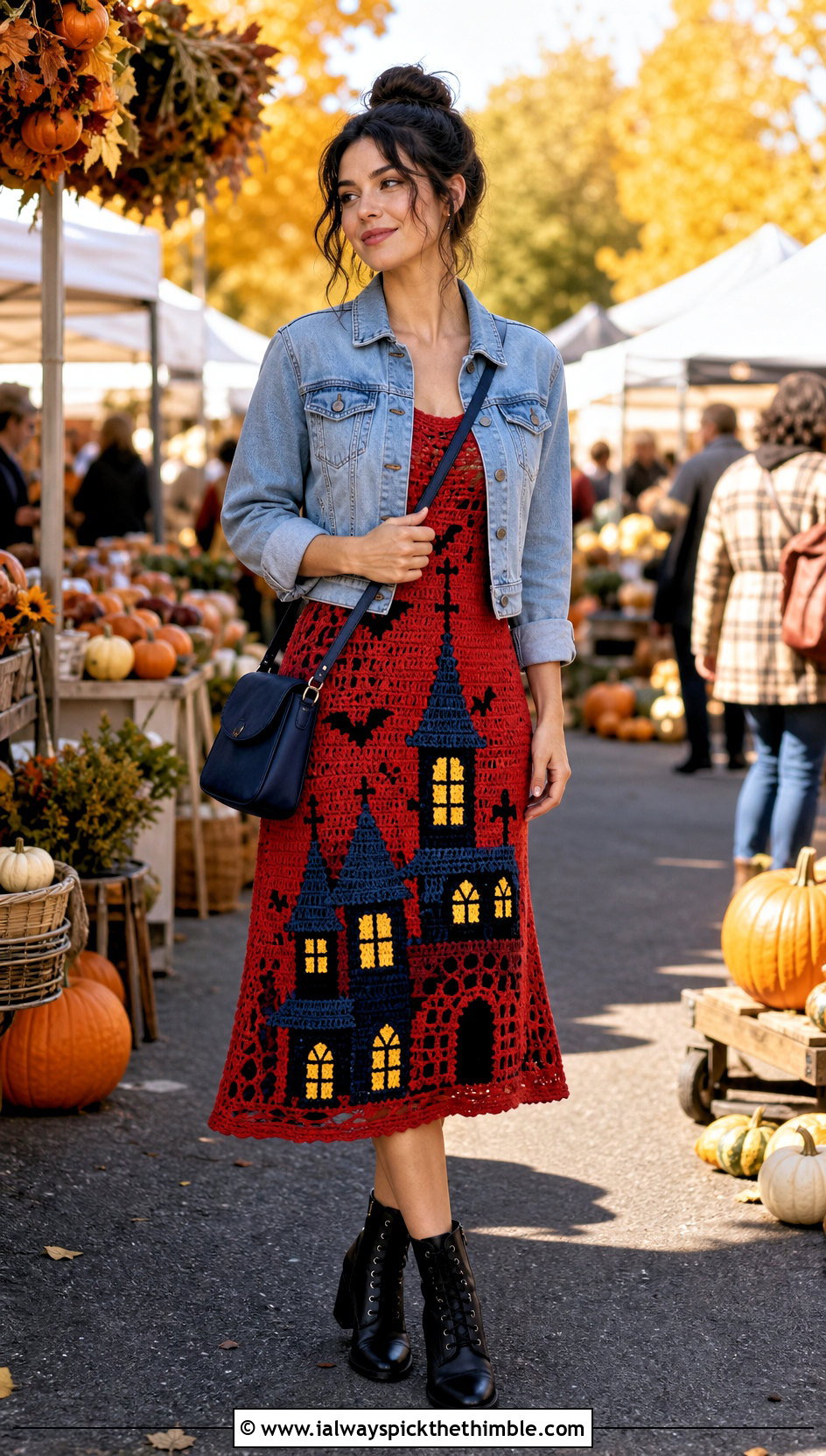 Haunted House Crochet Dress With Denim Jacket - 20 Crochet Halloween Clothes and outfit ideas