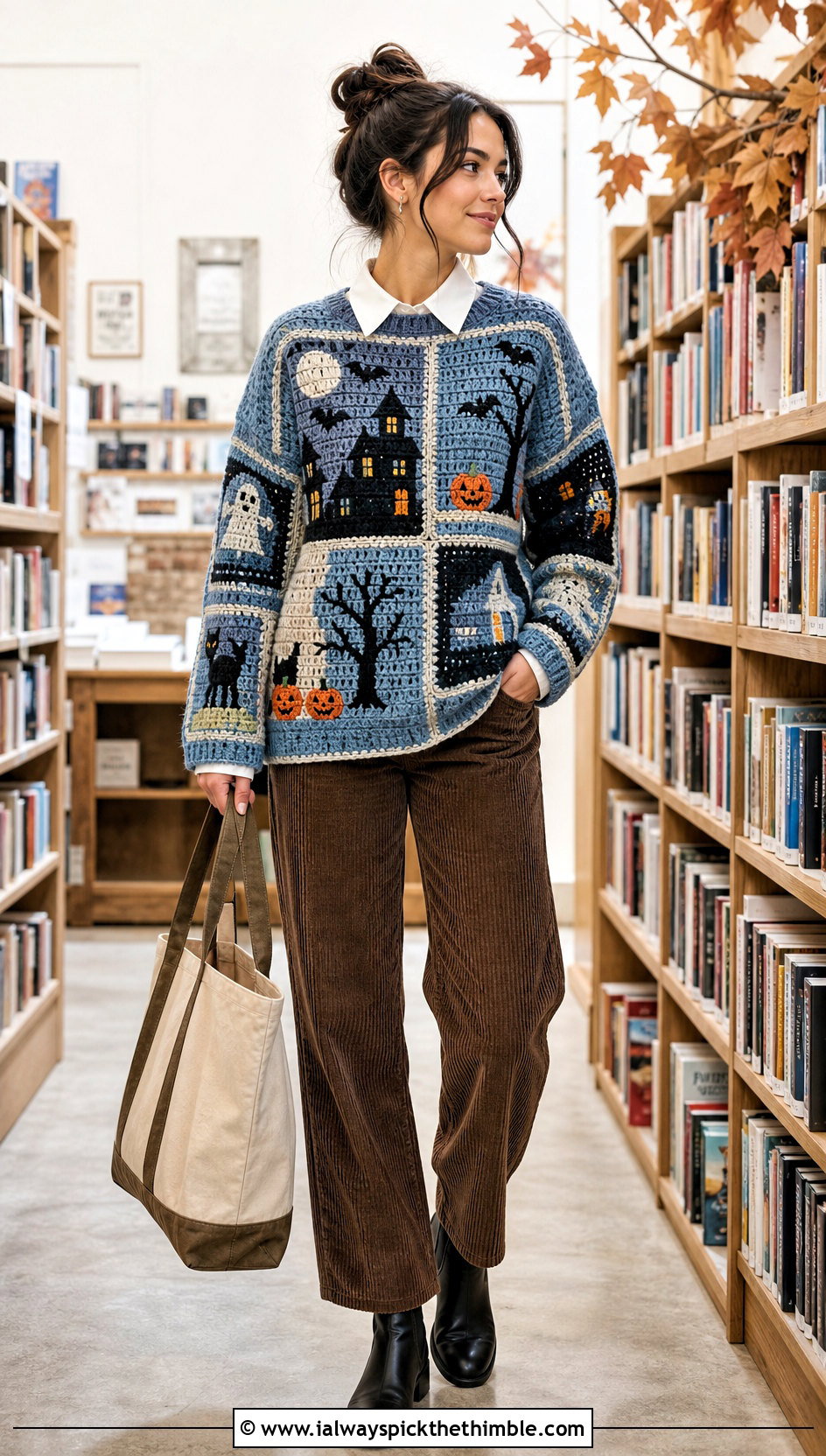 Haunted House Patchwork Halloween Crochet Jumper With Corduroy Pants - 15 Halloween Crochet Jumper outfit ideas