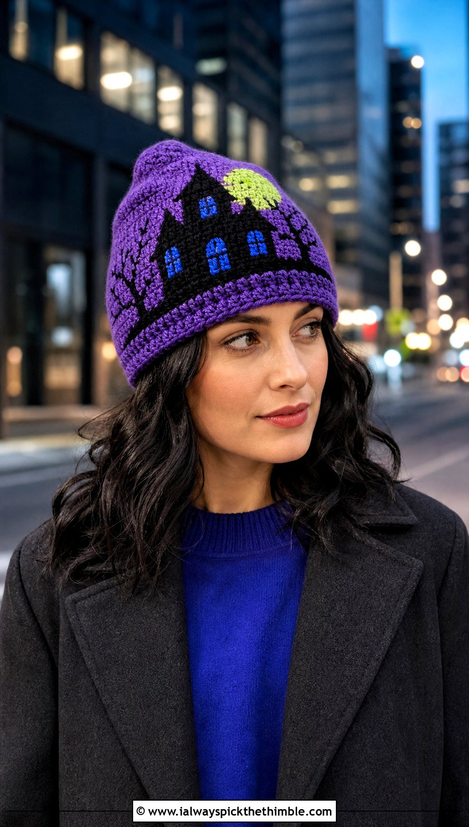 Haunted House Tapestry Crochet Beanie With Long Coat - 20 Halloween Crochet Beanies outfit ideas